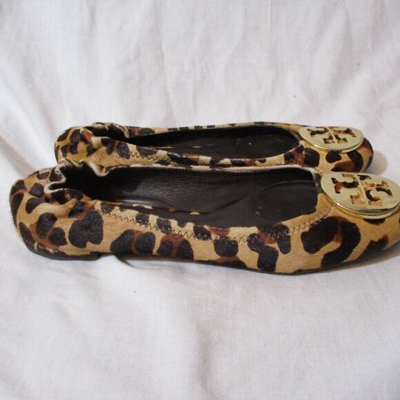 TORY BURCH REVA Leather Ballet Flats Slip On Shoes 7.5 LEOPARD Signature - Picture 3 of 7